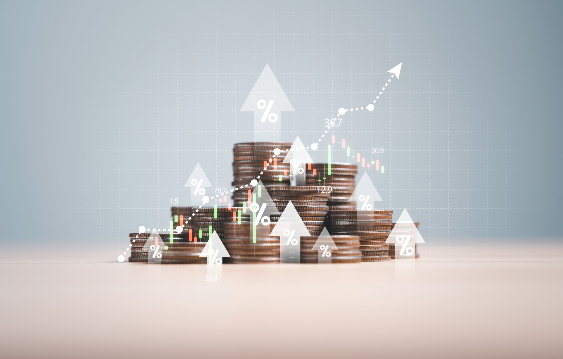 Heap of coins money with up arrow and stock market chart for financial banking increase interest rate or mortgage investment dividend from business growth concept.